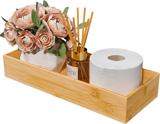Bathroom Vanity Tray Organizer Bamboo, Small Wood Tray for Bathroom Counter Kicthen Drawer, Rectangular Toilet Paper Storage Basket Box, Guest Sink Tray Decor, Bathroom Accessories 15" X 6" X 2.5"