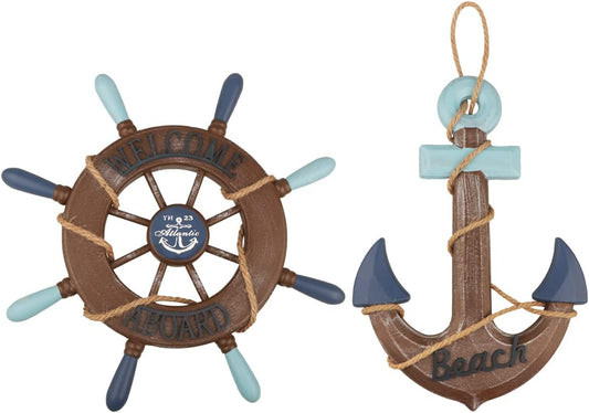 2 Pack 13" Nautical Beach Wooden Ship Wheel and 13" Wooden Anchor with Rope Nautical Boat Steering Wheel Rudder Anchor Wall Art Decor Door Hanging Ornament Beach Theme Home Decoration(Retro Brown)
