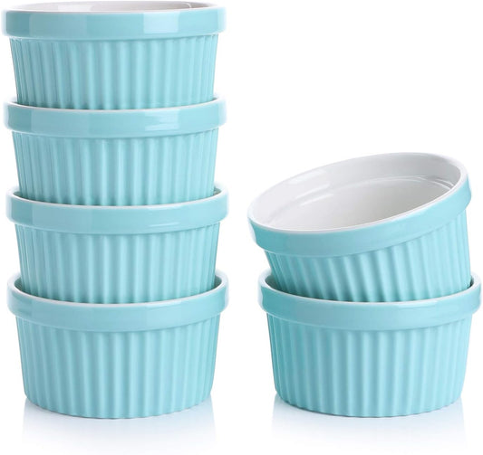 Porcelain Souffle Dishes, Ramekins - 8 Ounce for Souffle, Creme Brulee and Ice Cream - Set of 6, Turquoise
