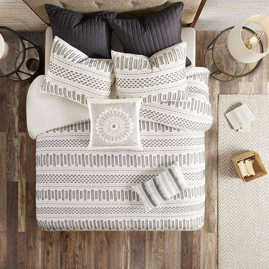 Rhea 100% Cotton Duvet Set Mid Century Modern Boho Design, All Season Comforter Cover Bedding Set, Matching Shams, King/Cal King, Geometric Clipped Jacquard Ivory 3 Piece