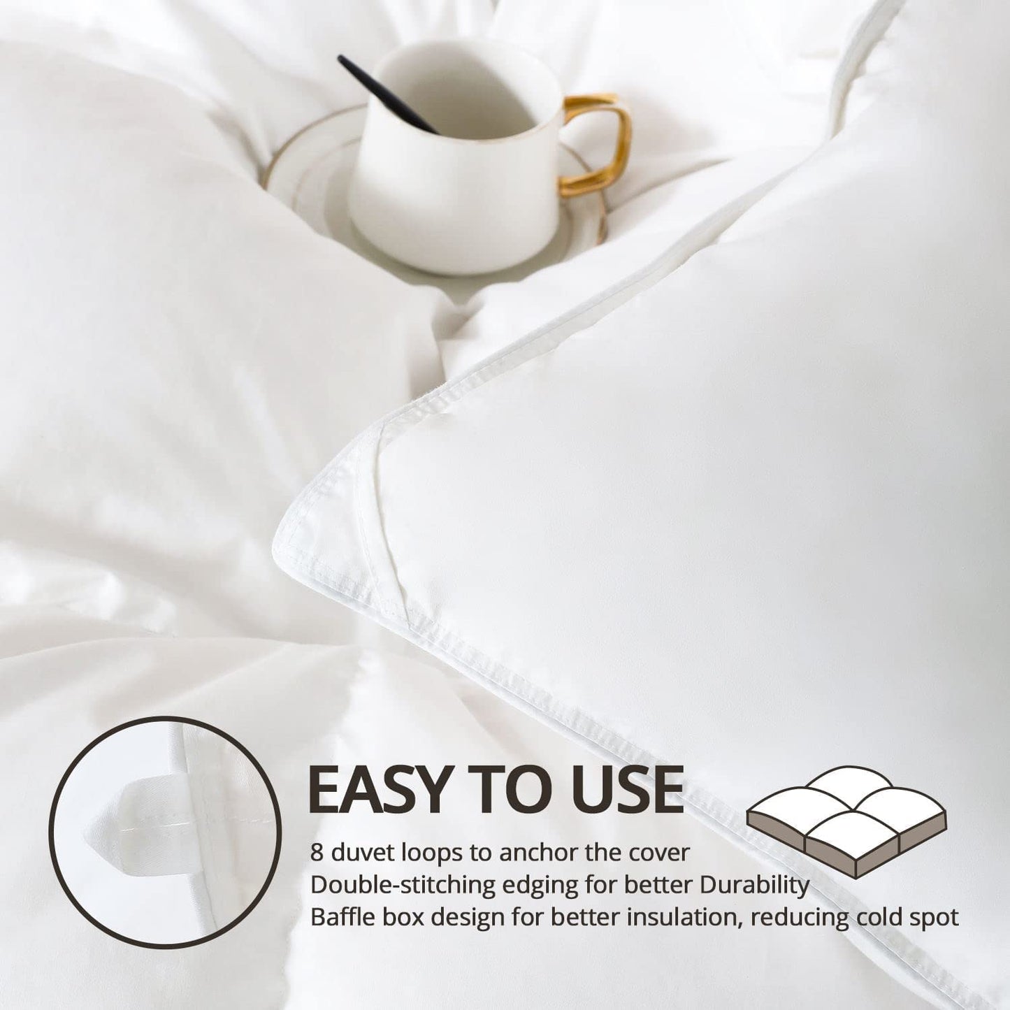 Fluffy down Comforter King Size，Medium Warmth Duvet Insert for All Season,Ultra-Soft Cotton Shell,680 Fill Power,With Corner Tabs, White
