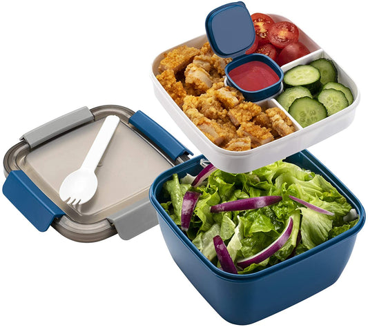 Salad Lunch Container to Go, 52-Oz Salad Bowls with 3 Compartments, Salad Dressings Container for Salad Toppings, Snacks, Men, Women (Blue)