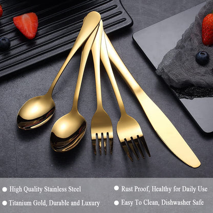 Flatware Set 20 Piece, Stainless Steel with Titanium Gold Plated, Golden Color Flatware Set, Silverware, Cutlery Set Service for 4 (Shiny Gold)