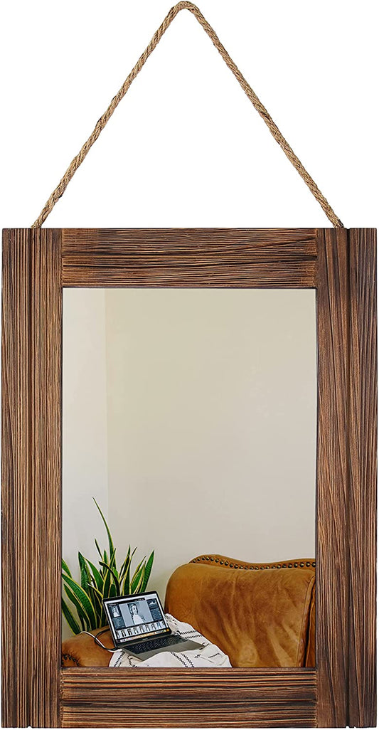 16 X 12 Inch Rustic Wood Framed Wall Mirror with Hanging Rope for Farmhouse Decor, for Entryway, Bedroom, Bathroom, Dresser, Brown