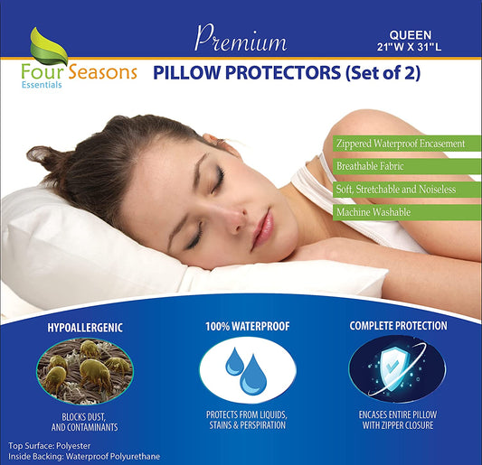 Queen Size Waterproof Pillow Protectors (Set of 2) – Zippered Hypoallergenic Pillowcase Cover Allergen Dust Proof Encasement