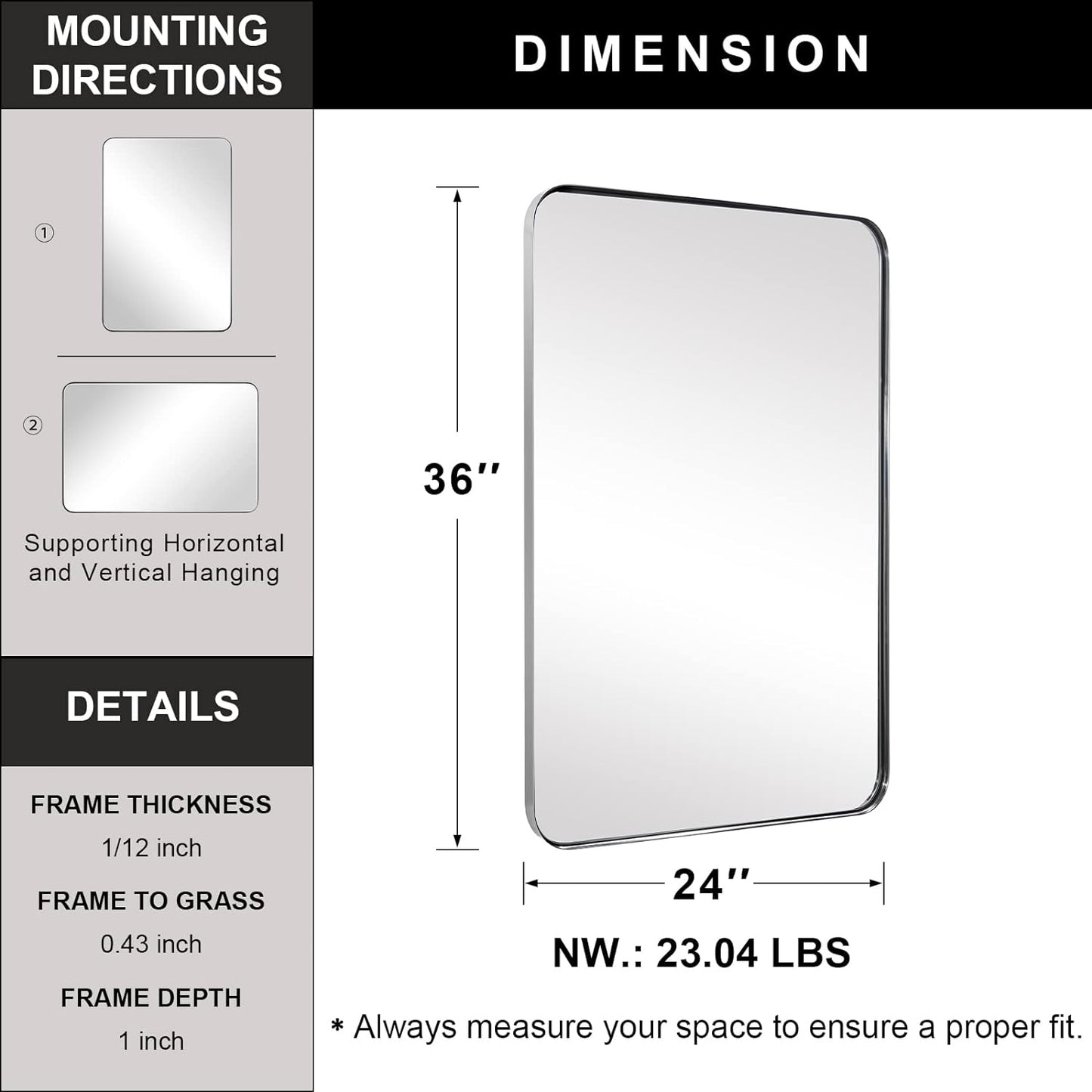 Chrome Mirror for Bathroom, 24”X36” Metal Frame Wall Mirror, Rectangle Stainless Steel Rounded Corner Mirror with 1’’ Deep Set Design Hangs Horizontal or Vertical