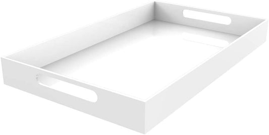 White Acrylic Serving Tray for Vanity, Bathroom, Ottoman, Organizer and Décor with Handles (Rectangle, Large)