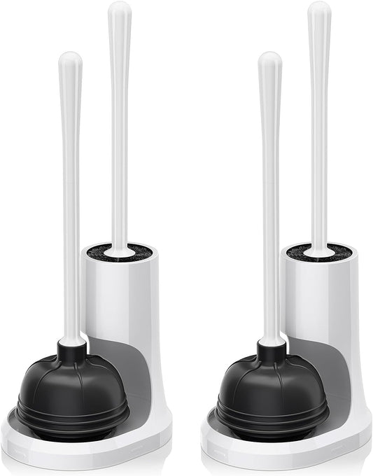 Toilet Plunger and Brush, Bowl Brush and Heavy Duty Toilet Plunger Set with Holder, 2-In-1 Bathroom Cleaning Combo with Modern Caddy Stand (White, 2 Set)