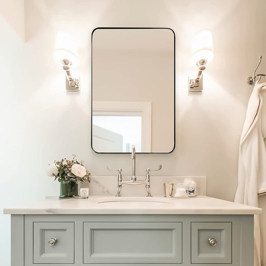 Chrome Mirror for Bathroom, 24”X36” Metal Frame Wall Mirror, Rectangle Stainless Steel Rounded Corner Mirror with 1’’ Deep Set Design Hangs Horizontal or Vertical