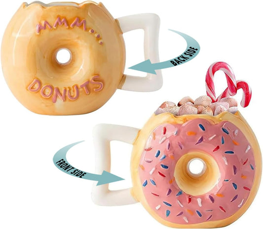 Ceramic Donut Mug - Delicious Pink Glaze Doughnut with Sprinkles - Funny "MMM... Donuts!" Quote - Best Cup for Coffee, Tea, Hot Chocolate and More - Large 14 Oz - Funny Coffee Mug Gift - Pink