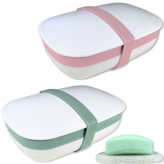 2Pack Travel Soap Holders, Soap Bar Box Dish Container Case, with Sponge Saver& Band, for Gym, Travel (Pink & Green)