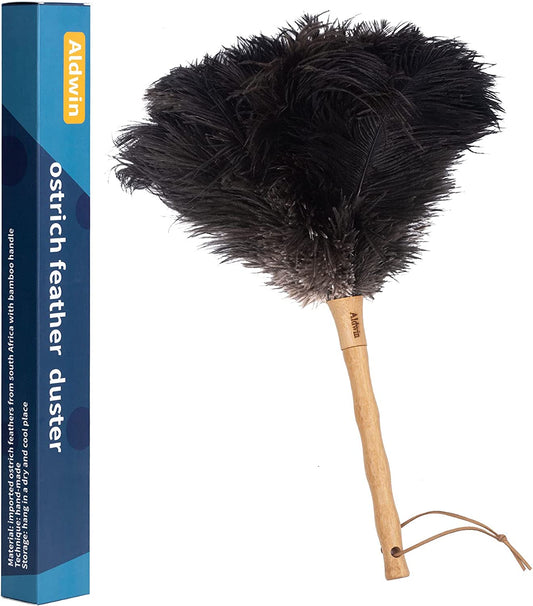Ostrich Feather Duster, 16 Inch Black Ostrich Feathers with Wood Handle, Reusable and Washable Car Dusters, Eco-Friendly Cleaning Dusters for Home, Office and Kitchen