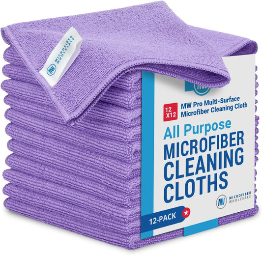 12" X 12" Buff Pro Multi-Surface Microfiber Cleaning Cloths | Purple - 12 Pack | Premium Microfiber Towels for Cleaning Glass, Kitchens, Bathrooms, Automotive, Supplies & Products