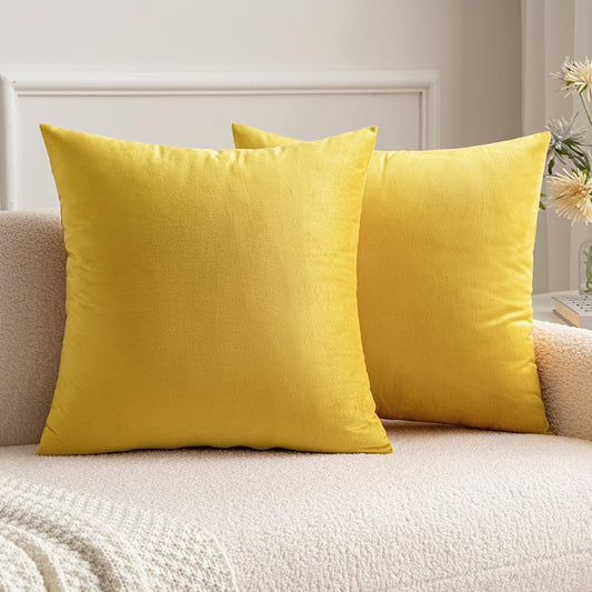 Pack of 2 Velvet Soft Solid Decorative Square Throw Pillow Covers Set Cushion Case for Spring Sofa Bedroom 16X16 Inch 40X40 Cm Lemon Yellow
