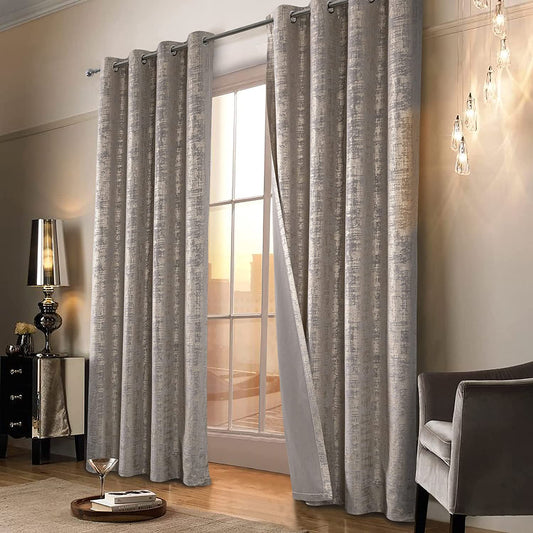 Champagne Soft Velvet Curtains 95 Inch Length Luxury Bedroom Curtains Gold Foil Print Window Curtains for Living Room Bedroom Set of 2