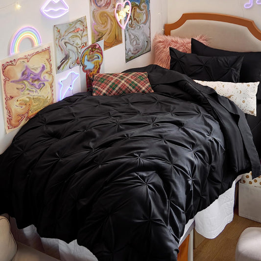 Black Twin Comforter Set with Sheets - 5 Pieces Twin Bedding Sets, Pinch Pleat Twin Bed in a Bag with Comforter, Sheets, Pillowcase & Sham