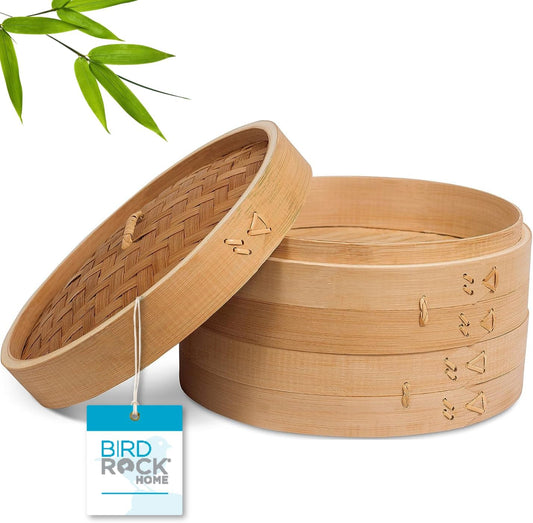 10 Inch Bamboo Steamer for Cooking Vegetables and Dumplings - Classic Traditional 2 Tier Design - Healthy Food Prep - Great for Dim Sum, Chicken, Fish, Veggies - Steam Basket - Natural