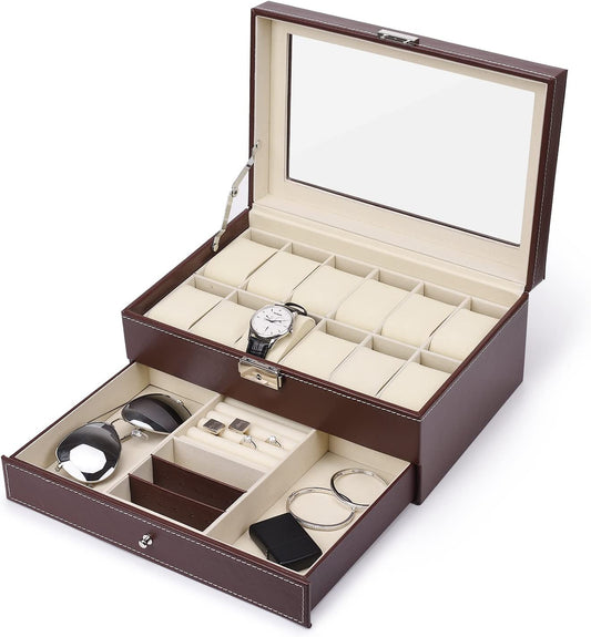12 Slots Watch Box Mens Watch Organizer PU Leather Case with Jewelry Drawer for Storage and Display