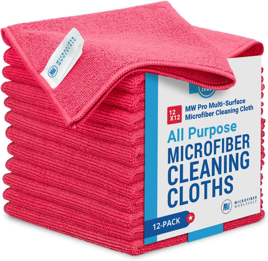12" X 12" MW Pro Multi-Surface Microfiber Cleaning Cloths | Red - 12 Pack | Premium Microfiber Towels for Cleaning Glass, Kitchens, Bathrooms, Automotive, Supplies & Products