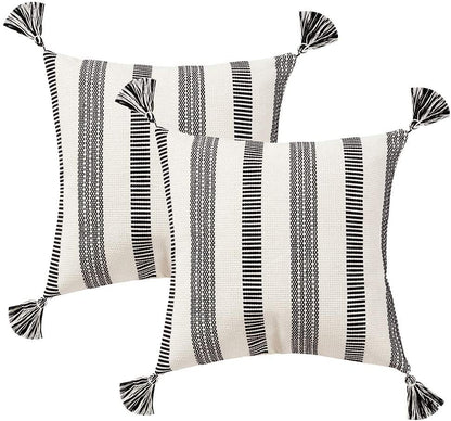 Decorative Textured Black White Throw Pillow Covers Set, Modern Striped Farmhouse Pillow Cover for Couch, Square Boho Pillow Cases (20X20 Inches, 2 Pack)